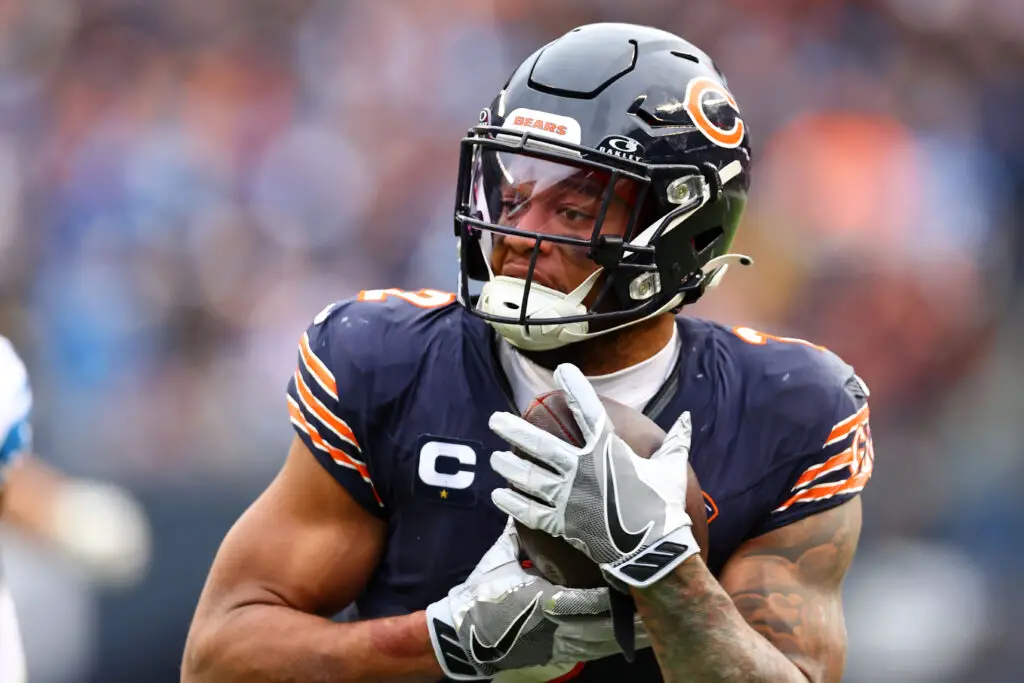 Dec 10, 2023; Chicago, Illinois, USA; Chicago Bears wide receiver DJ Moore (2) catches a touchdown pass against the Detroit Lions during the second half at Soldier Field. Mandatory Credit: Mike Dinovo-USA TODAY Sports