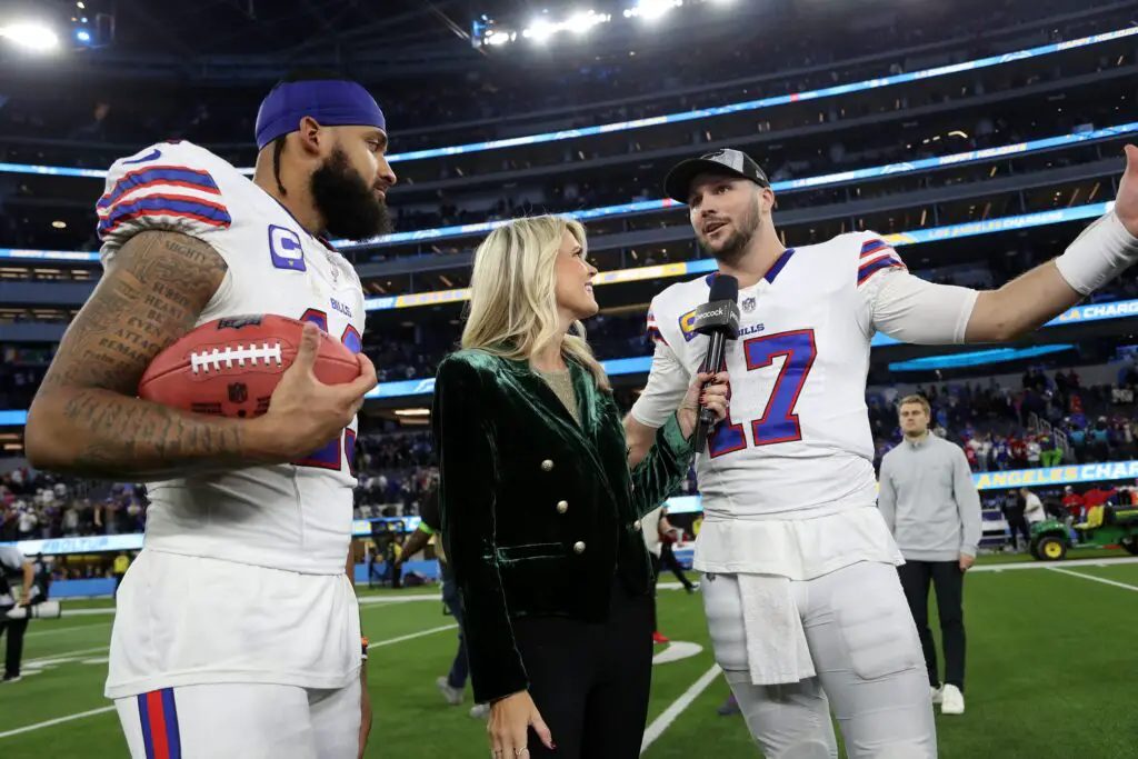Dec 23, 2023; Inglewood, California, USA; Buffalo Bills wide receiver Gabe Davis (13) and quarterback Josh Allen (17) talk at post game interview after defeating the Los Angeles Chargers 24-22 at SoFi Stadium. Mandatory Credit: Kiyoshi Mio-USA TODAY Sports