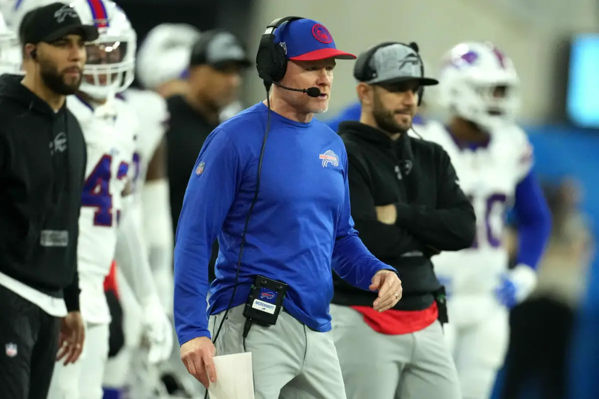 Dec 23, 2023; Inglewood, California, USA; Buffalo Bills head coach Sean McDermott watches from the sidelines against the Los Angeles Chargers n the second half at SoFi Stadium. Mandatory Credit: Kirby Lee-USA TODAY Sports