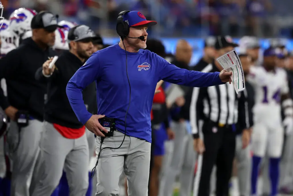 Dec 23, 2023; Inglewood, California, USA; Buffalo Bills head coach Sean McDermott reacts during the second quarter against the Los Angeles Chargers at SoFi Stadium. Mandatory Credit: Kiyoshi Mio-USA TODAY Sports