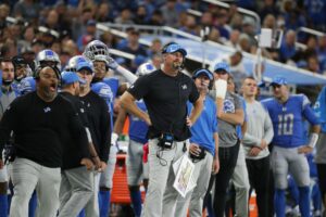 Detroit Lions heads coach Dan Campbell on the sidelines during action against the San Francisco 49ers Sunday, Sept. 12, 2021 at Ford Field. © Kirthmon F. Dozier via Imagn Content Services, LLC