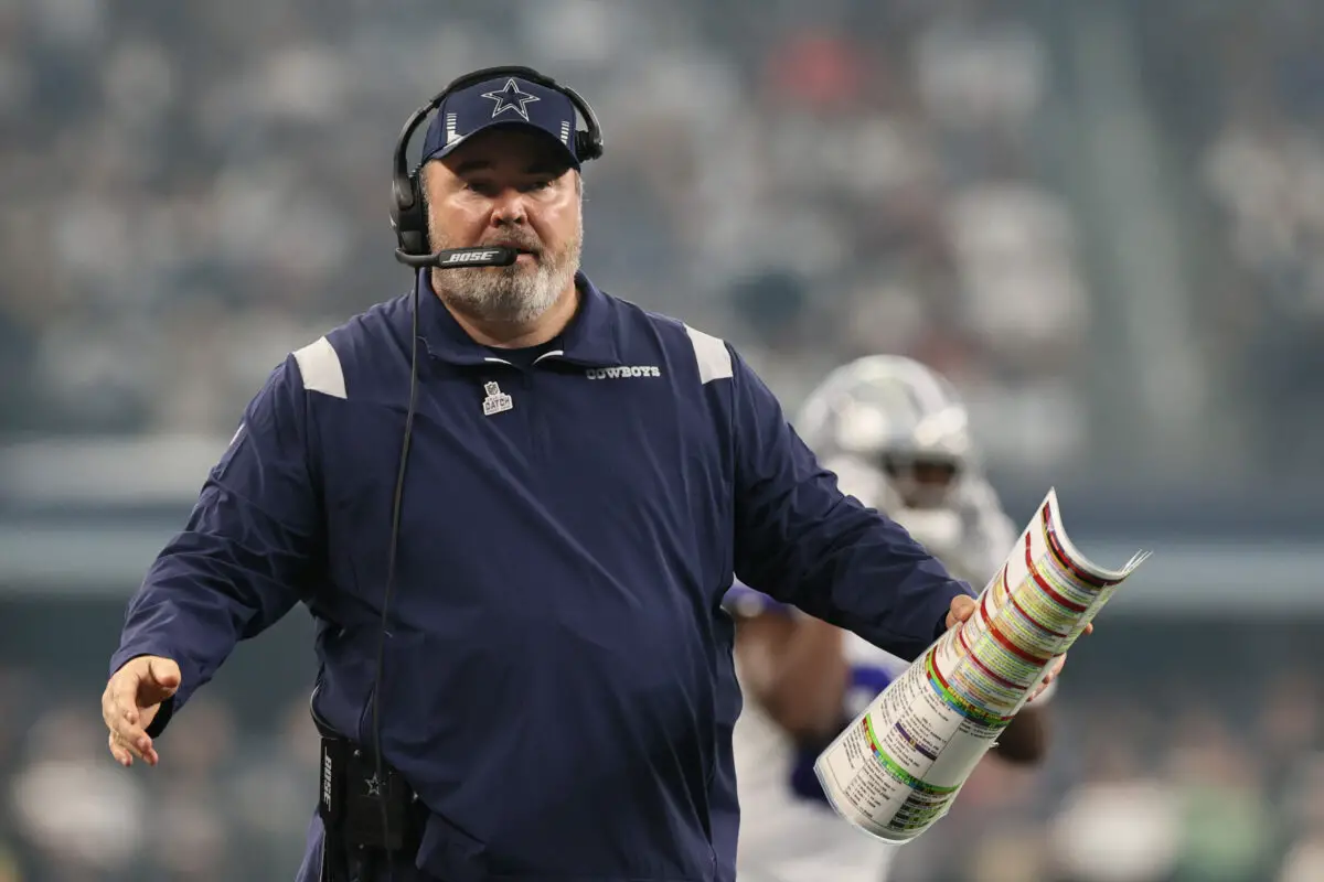 Oct 10, 2021; Arlington, Texas, USA; Dallas Cowboys head coach Mike McCarthy reacts on the sidelines against the New York Giants in the third quarter at AT&T Stadium. Mandatory Credit: Matthew Emmons-USA TODAY Sports
