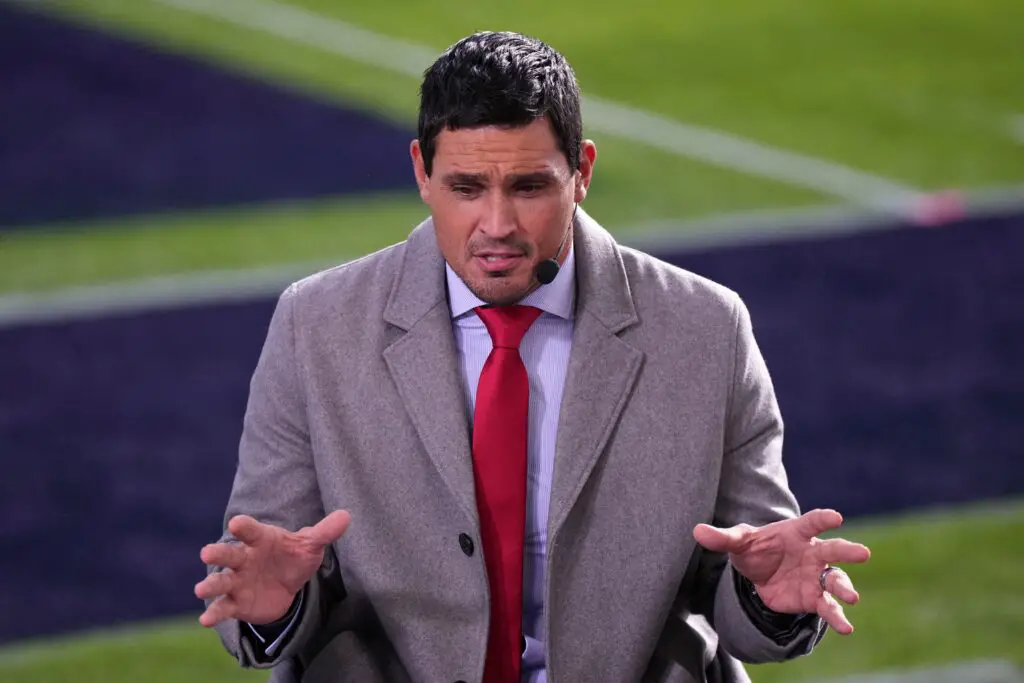 Jan 2, 2023; Pasadena, California, USA; ESPN broadcaster Mark Sanchez before the game between the Penn State Nittany Lions and the Utah Utes at the 109th Rose Bowl game at the Rose Bowl. Mandatory Credit: Kirby Lee-USA TODAY Sports