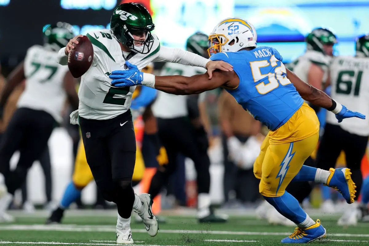 Nov 6, 2023; East Rutherford, New Jersey, USA; Los Angeles Chargers linebacker Khalil Mack (52) pressures New York Jets quarterback Zach Wilson (2) during the third quarter at MetLife Stadium. Mandatory Credit: Brad Penner-USA TODAY Sports