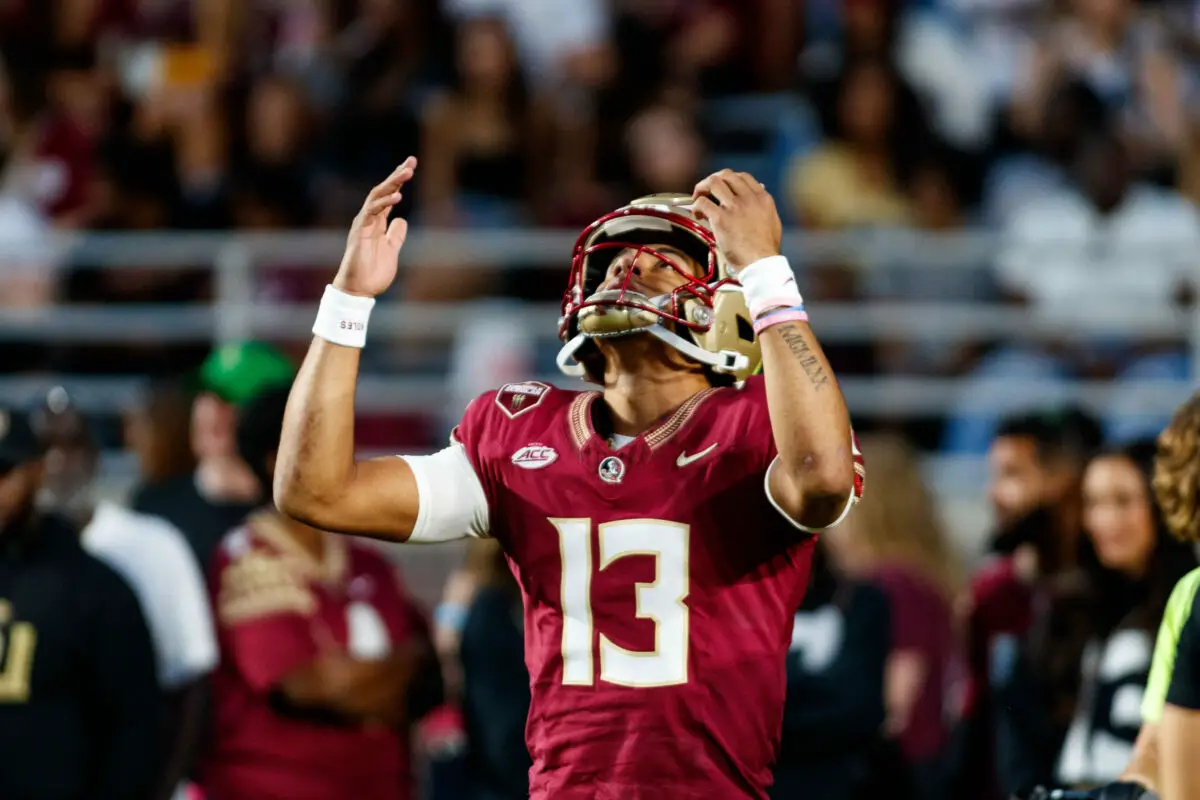 Nov 18, 2023; Tallahassee, Florida, USA; Florida State Seminoles quarterback Jordan Travis (13) during the warm ups before the game against the North Alabama Lions at Doak S. Campbell Stadium. Mandatory Credit: Morgan Tencza-USA TODAY Sports, Florida State had multiple players sit out.