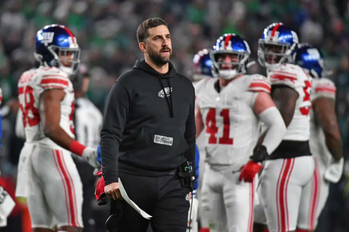 Dec 25, 2023; Philadelphia, Pennsylvania, USA; Philadelphia Eagles head coach Nick Sirianni walks onto the field to check on an injured player against the New York Giants at Lincoln Financial Field. Mandatory Credit: Eric Hartline-USA TODAY Sports