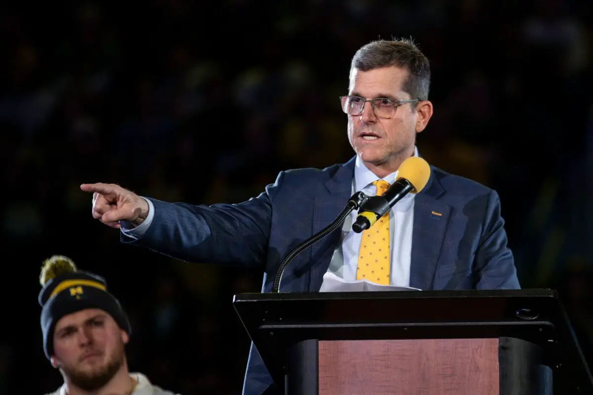Michigan head coach Jim Harbaugh speaks during the national championship celebration at Crisler Center in Ann Arbor on Saturday, Jan. 13, 2024. © Junfu Han / USA TODAY NETWORK