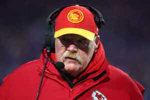 Jan 21, 2024; Orchard Park, New York, USA; Kansas City head coach Andy Reid during the first half against the Buffalo Bills for the 2024 AFC divisional round game at Highmark Stadium. Mandatory Credit: Mark J. Rebilas-USA TODAY Sports