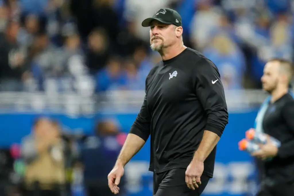 Dan Campbell watches warmups before the NFC divisional playoff game between the Lions and Buccaneers at Ford Field on Sunday, Jan. 21, 2024. © Junfu Han / USA TODAY NETWORK