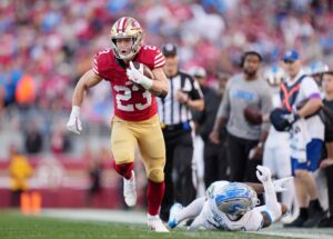 San Francisco 49ers Christian McCaffrey has the smallest odds to score the 1st TD in Super Bowl 58.