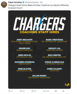 Los Angeles Chargers staff set as they hire Marc Trestman on offense.