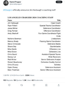 Jim Harbaugh’s current staff for the Los Angeles Chargers.