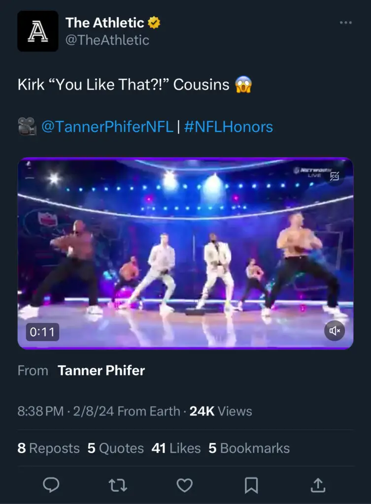 Kirk Cousins dances the night away at the NFL Honors Award Show.