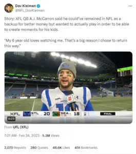 NFL and XFL QB AJ McCarron makes statement about why he plays.