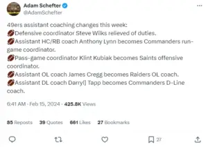 Adam Schefter reports on coaching changes for San Francisco 49ers.