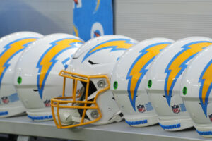 NFL Aug 12, 2023; Inglewood, California, USA; Los Angeles Chargers helmets on the bench at SoFi Stadium. Mandatory Credit: Kirby Lee-USA TODAY Sports