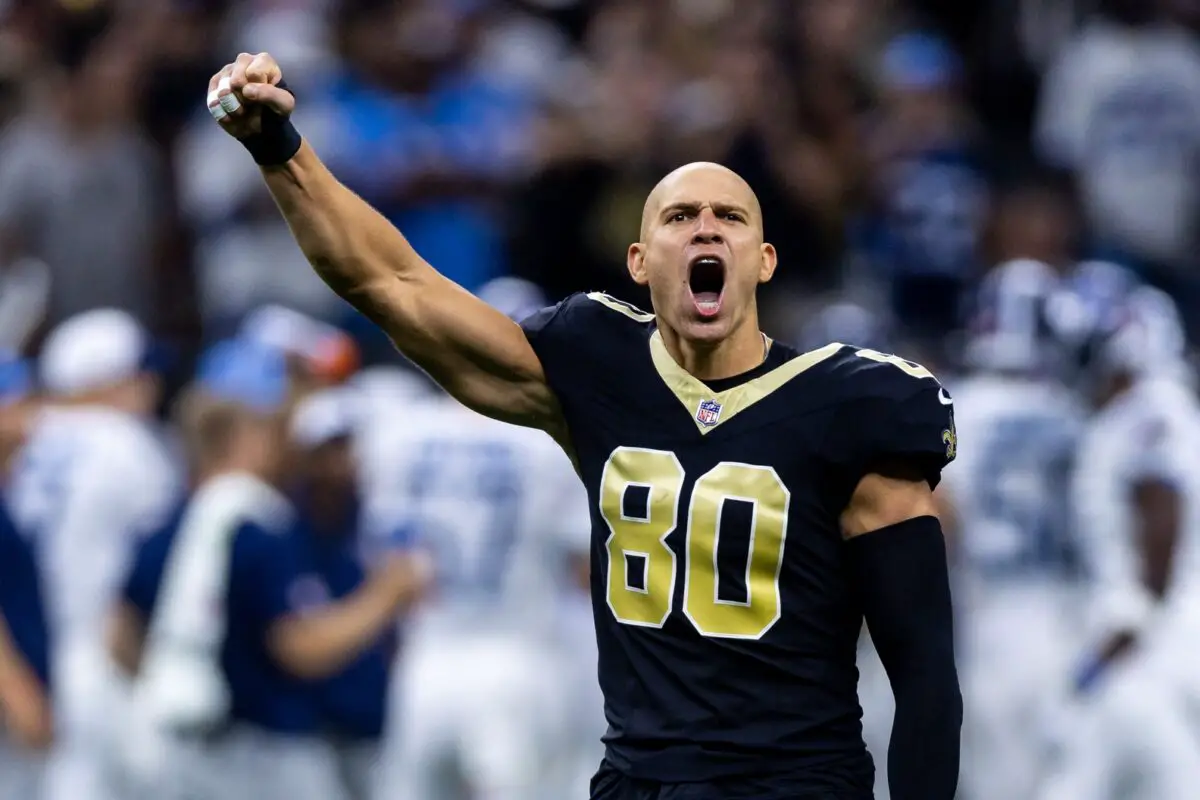 Sep 10, 2023; New Orleans, Louisiana, USA; New Orleans Saints tight end Jimmy Graham (80) during the Who Dat chant during the first half against the Tennessee Titans at the Caesars Superdome. Mandatory Credit: Stephen Lew-USA TODAY Sports