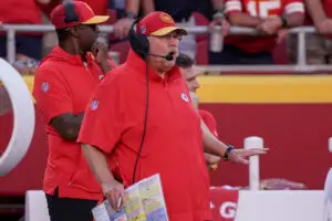 Sep 24, 2023; Kansas City, Missouri, USA; Kansas City Chiefs head coach Andy Reid reacts to play against the Chicago Bears during the game at GEHA Field at Arrowhead Stadium. Mandatory Credit: Denny Medley-USA TODAY Sports