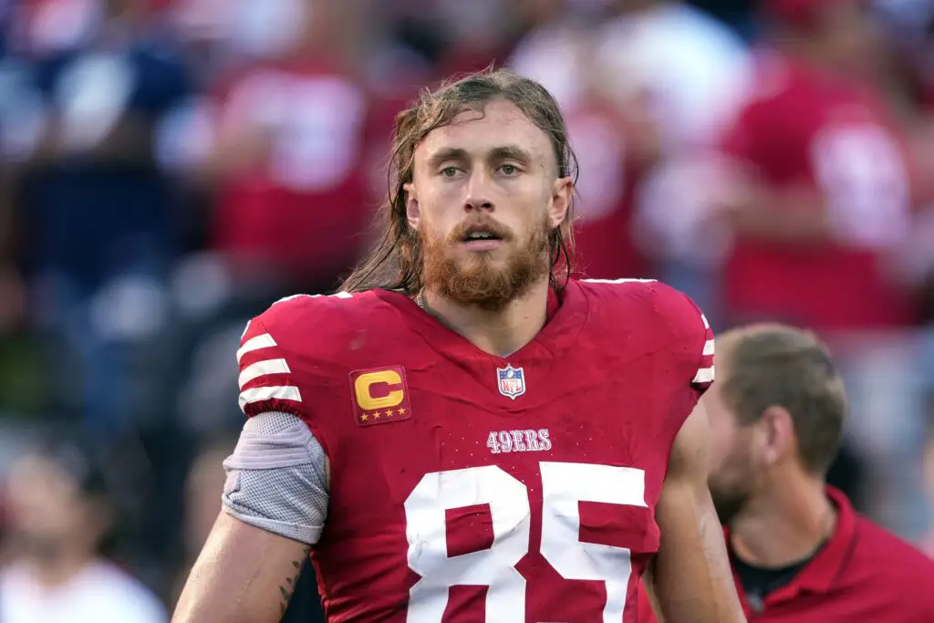 Oct 8, 2023; Santa Clara, California, USA; San Francisco 49ers tight end George Kittle (85) looks on before the game against the Dallas Cowboys at Levi's Stadium. Mandatory Credit: Darren Yamashita-USA TODAY Sports