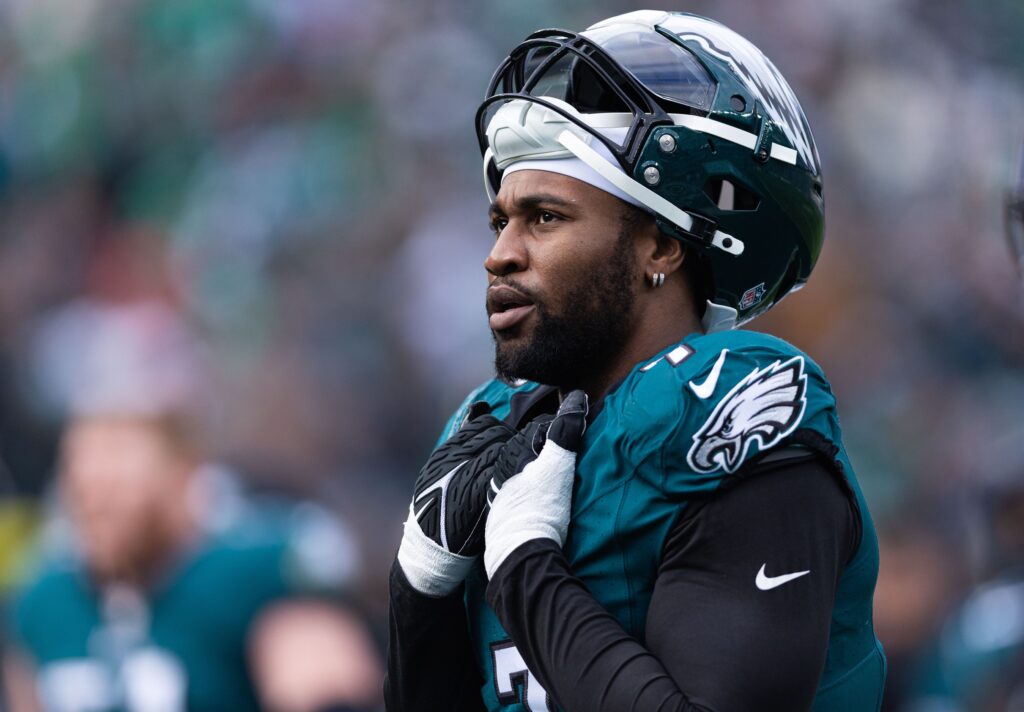 Dec 31, 2023; Philadelphia, Pennsylvania, USA; Philadelphia Eagles linebacker Haason Reddick (7) looks on during the second quarter against the Arizona Cardinals at Lincoln Financial Field. Mandatory Credit: Bill Streicher-USA TODAY Sports (New York Jets)