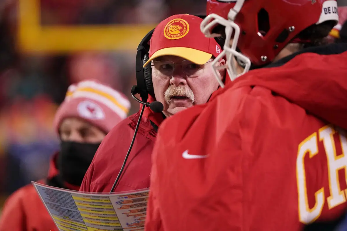 Jan 13, 2024; Kansas City, Missouri, USA; Kansas City Chiefs head coach Andy Reid watches game action against the Miami Dolphins during the second half of the 2024 AFC wild card game at GEHA Field at Arrowhead Stadium. Mandatory Credit: Denny Medley-USA TODAY Sports