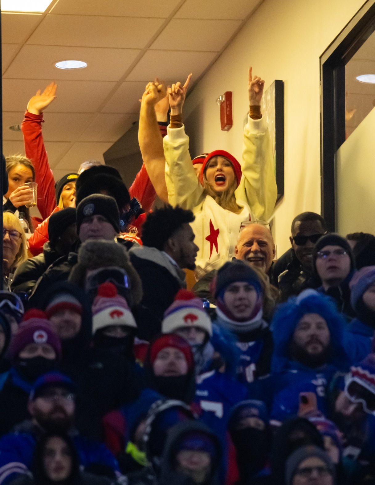 Jan 21, 2024; Orchard Park, New York, USA; Taylor Swift celebrates after Kansas City Chiefs tight end Travis Kelce (not pictured) scores a touchdown in the 2024 AFC divisional round game between against the Buffalo Bills at Highmark Stadium. Mandatory Credit: Mark J. Rebilas-USA TODAY Sports