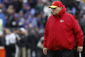 Jan 28, 2024; Baltimore, Maryland, USA; Kansas City Chiefs head coach Andy Reid stands on the field during warmup prior to the Chiefs' game against the Baltimore Ravens in the AFC Championship football game at M&T Bank Stadium. Mandatory Credit: Geoff Burke-USA TODAY Sports