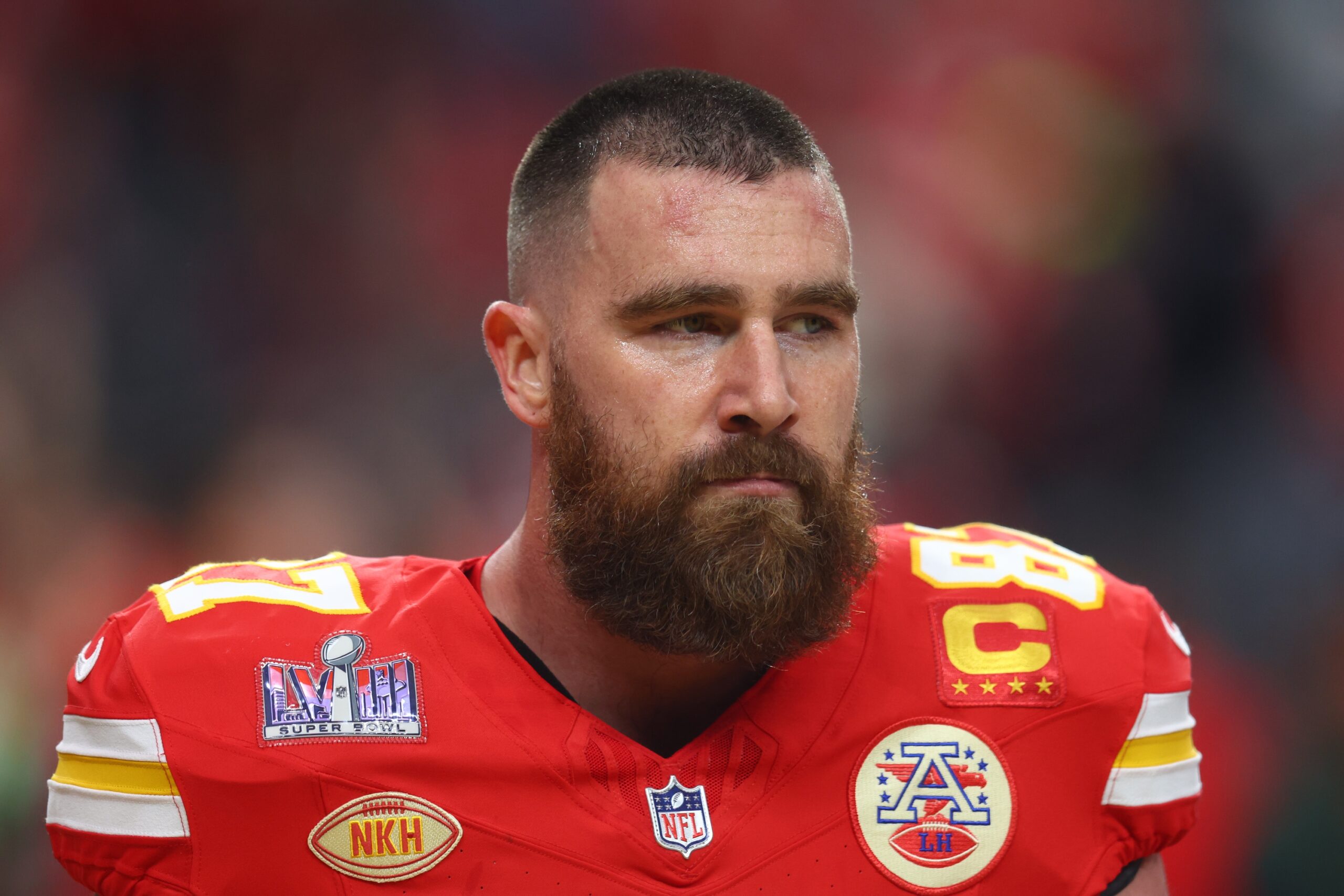 Feb 11, 2024; Paradise, Nevada, USA; Kansas City Chiefs tight end Travis Kelce (87) warms up before playing against the San Francisco 49ers in Super Bowl LVIII at Allegiant Stadium. Mandatory Credit: Mark J. Rebilas-USA TODAY Sports