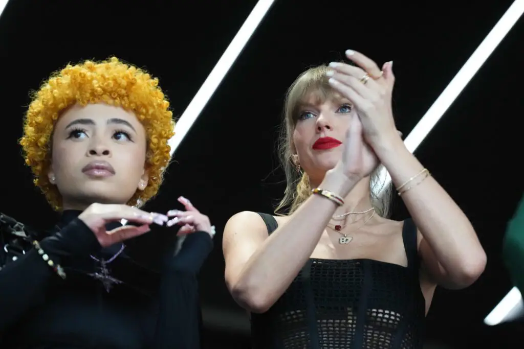 Feb 11, 2024; Paradise, Nevada, USA; Recording artist Taylor Swift pictured with Ice Spice reacts during the first quarter of Super Bowl LVIII between Kansas City Chiefs and San Francisco 49ers at Allegiant Stadium. Mandatory Credit: Joe Camporeale-USA TODAY Sports