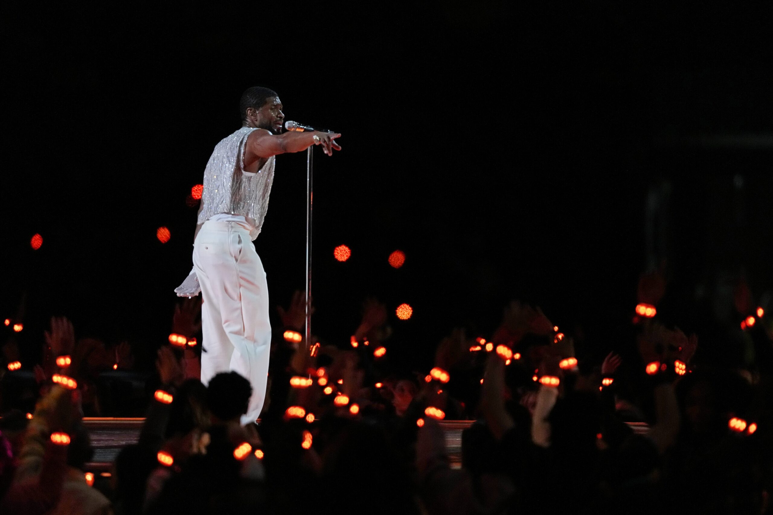 Feb 11, 2024; Paradise, Nevada, USA; Recording artist Usher performs during the halftime show of Super Bowl LVIII at Allegiant Stadium. Mandatory Credit: Kyle Terada-USA TODAY Sports