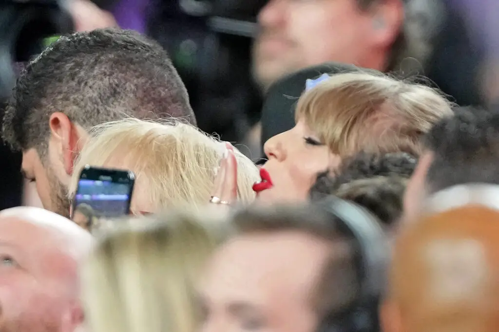 Feb 11, 2024; Paradise, Nevada, USA; Recording artist Taylor Swift reacts after the Kansas City Chiefs won Super Bowl LVIII against the San Francisco 49ers at Allegiant Stadium. Mandatory Credit: Kyle Terada-USA TODAY Sports