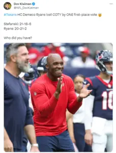 Houston Texans' DeMeco Ryans loses NFL Coach of the Year by 1 first place vote.