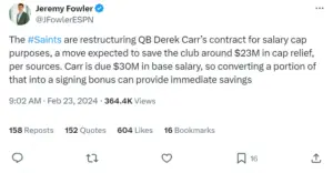 Jeremy Fowler reports on Contract Restructure for Derek Carr and the New Orleans Saints.