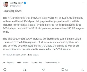 Ian Rapoport reports on NFL Salary Cap Increase.