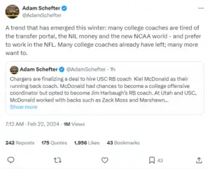 Adam Schefter comments about number of coaches leaving college for NFL.