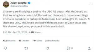 Adam Schefter announces RB Coach hire for the Los Angeles Chargers.