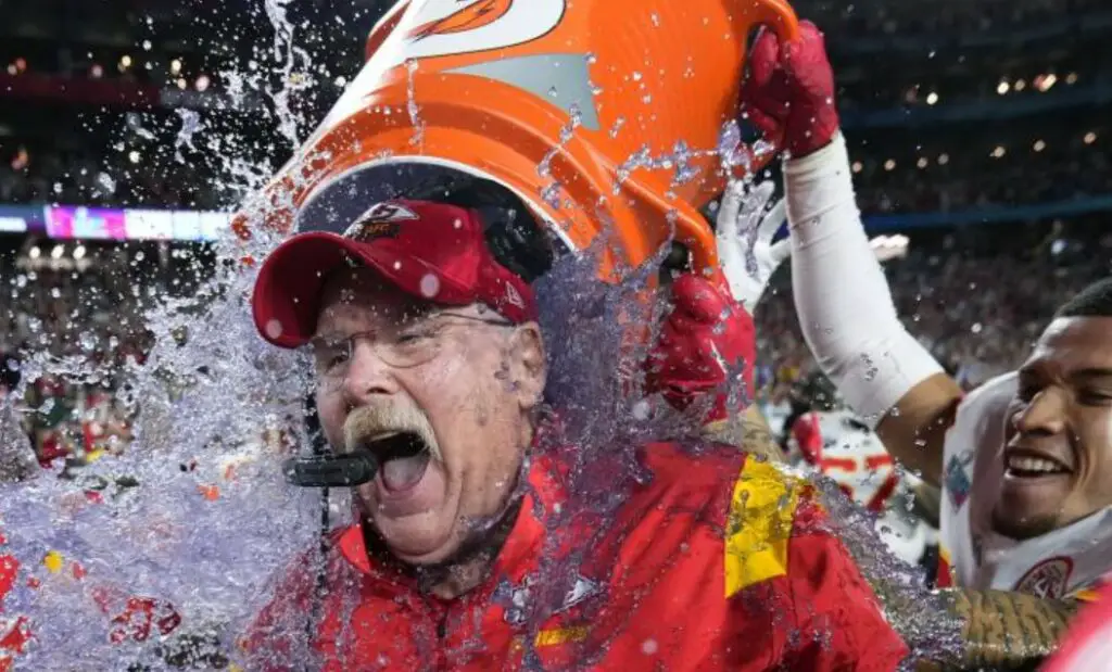 Andy Reid celebrating 2024 Super Bowl Kansas Chief's Victory