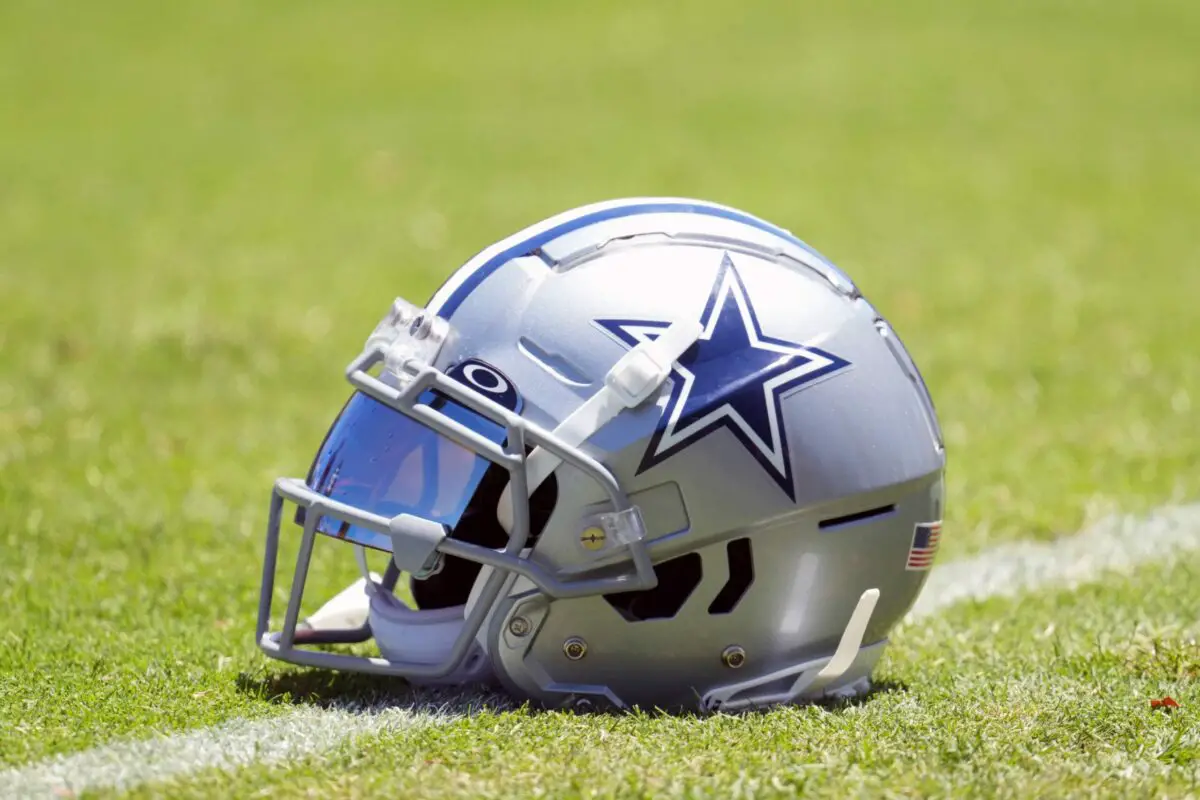 Jul 27, 2023; Oxnard, CA, USA; A Dallas Cowboys helmet with Oakley visor at training camp at Marriott Residence Inn-River Ridge Playing Fields. Mandatory Credit: Kirby Lee-USA TODAY Sports