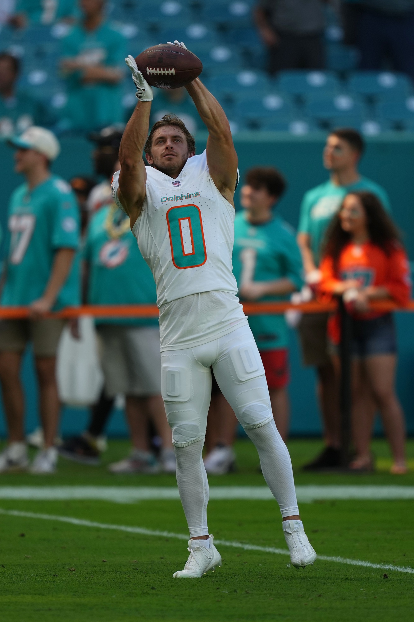 Oct 15, 2023; Miami Gardens, Florida, USA; Miami Dolphins wide receiver Braxton Berrios (0) warms up prior to the game against the Carolina Panthers at Hard Rock Stadium. Mandatory Credit: Jasen Vinlove-USA TODAY Sports