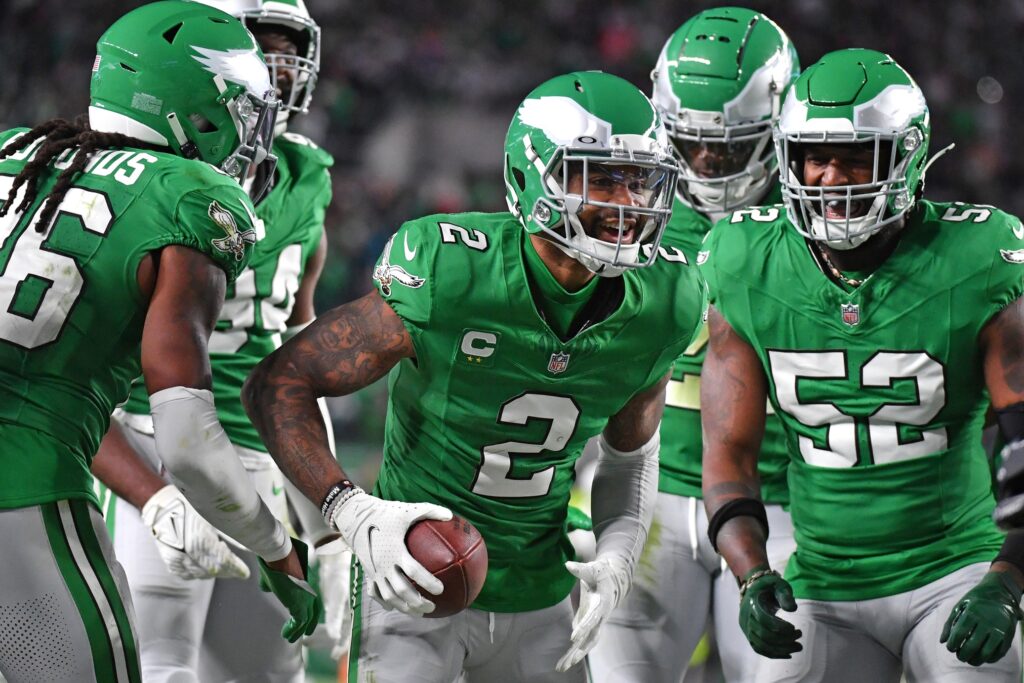 Oct 22, 2023; Philadelphia, Pennsylvania, USA; Philadelphia Eagles cornerback Darius Slay (2) celebrates his interception with teammates during the fourth quarter against the Miami Dolphins at Lincoln Financial Field. Mandatory Credit: Eric Hartline-USA TODAY Sports