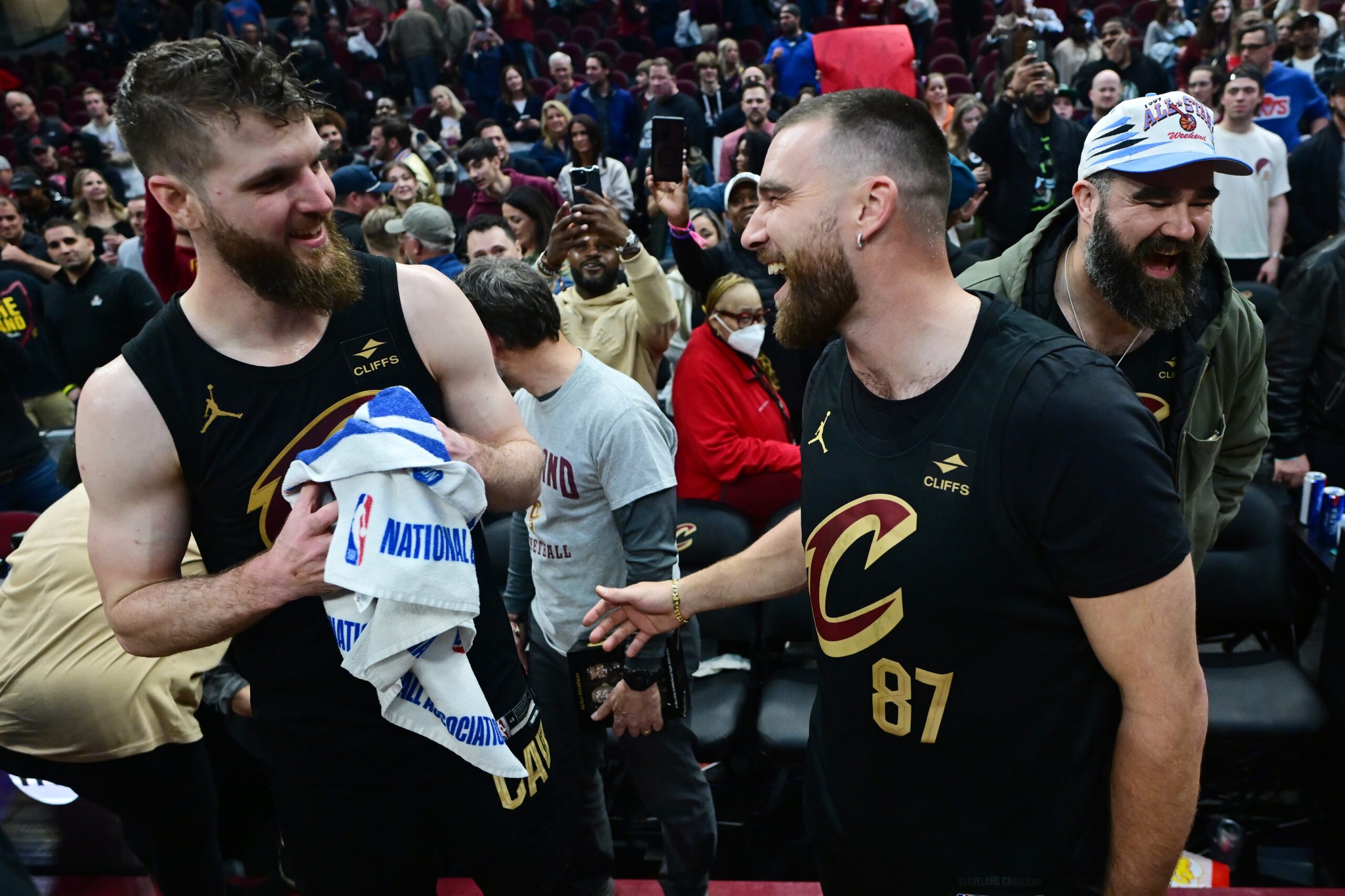 "That's F***ed Up" Travis Kelce And Jason Kelce Get In Heated Argument On Podcast (Watch) 1 Mar 5, 2024; Cleveland, Ohio, USA; Cleveland Cavaliers forward Dean Wade, left, celebrates with Kansas City Chiefs tight end Travis Kelce and former Philadelphia Eagles center Jason Kelce, right, after the Cavaliers beat the Boston Celtics during the second half at Rocket Mortgage FieldHouse. Mandatory Credit: Ken Blaze-USA TODAY Sports