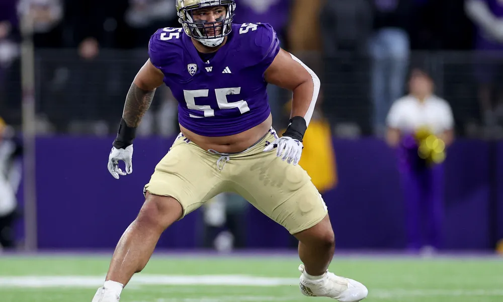 Troy Fautanu #55 of the Washington Huskies in action against the California Golden Bears at Husky Stadium on September 23, 2023 in Seattle, Washington. (Photo by Steph Chambers/Getty Images)