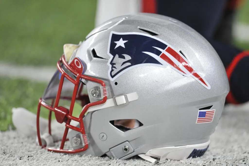 Nov 24, 2022; Minneapolis, Minnesota, USA; A New England Patriots helmet sits idle before the game between the Minnesota Vikings and the Patriots at U.S. Bank Stadium. Mandatory Credit: Jeffrey Becker-USA TODAY Sports