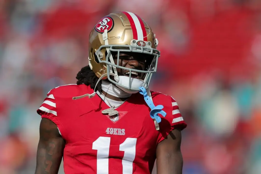 Dec 4, 2022; Santa Clara, California, USA; San Francisco 49ers wide receiver Brandon Aiyuk (11) before the game against the Miami Dolphins at Levi's Stadium. Mandatory Credit: Sergio Estrada-USA TODAY Sports