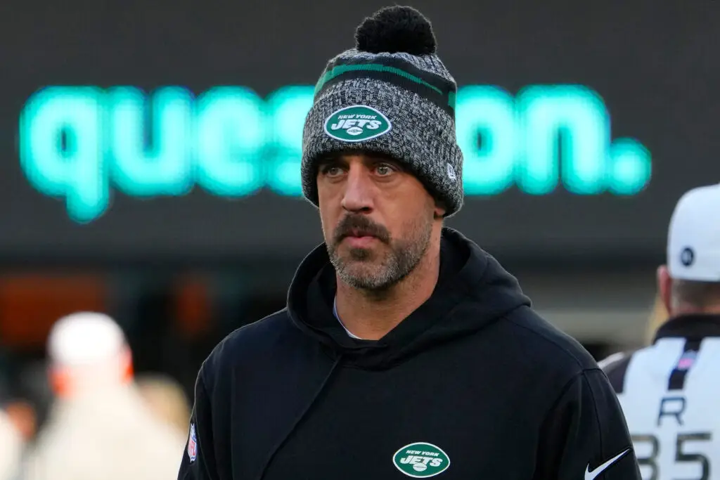 Nov 24, 2023; East Rutherford, New Jersey, USA; New York Jets quarterback Aaron Rodgers (8), on injured reserve, pregame against the Miami Dolphins at MetLife Stadium. Mandatory Credit: Robert Deutsch-USA TODAY Sports