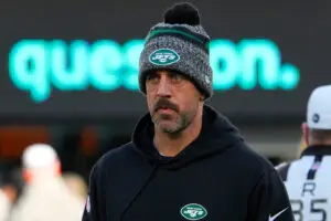 NFL Nov 24, 2023; East Rutherford, New Jersey, USA; New York Jets quarterback Aaron Rodgers (8), on injured reserve, pregame against the Miami Dolphins at MetLife Stadium. Mandatory Credit: Robert Deutsch-USA TODAY Sports