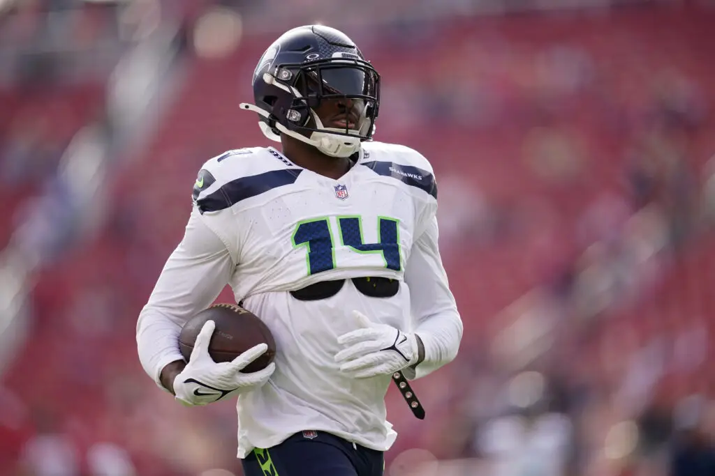 Dec 10, 2023; Santa Clara, California, USA; Seattle Seahawks wide receiver DK Metcalf (14) runs with the ball before the start of the game against the San Francisco 49ers at Levi's Stadium. Mandatory Credit: Cary Edmondson-USA TODAY Sports