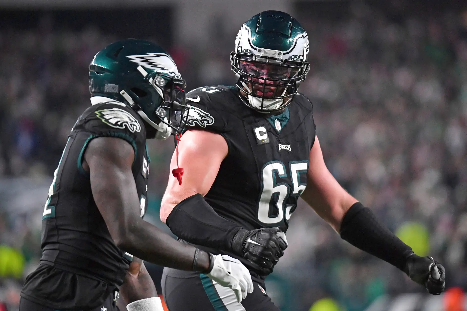 Dec 25, 2023; Philadelphia, Pennsylvania, USA; Philadelphia Eagles wide receiver A.J. Brown (11) and  offensive tackle Lane Johnson (65) against the New York Giants at Lincoln Financial Field. Mandatory Credit: Eric Hartline-USA TODAY Sports