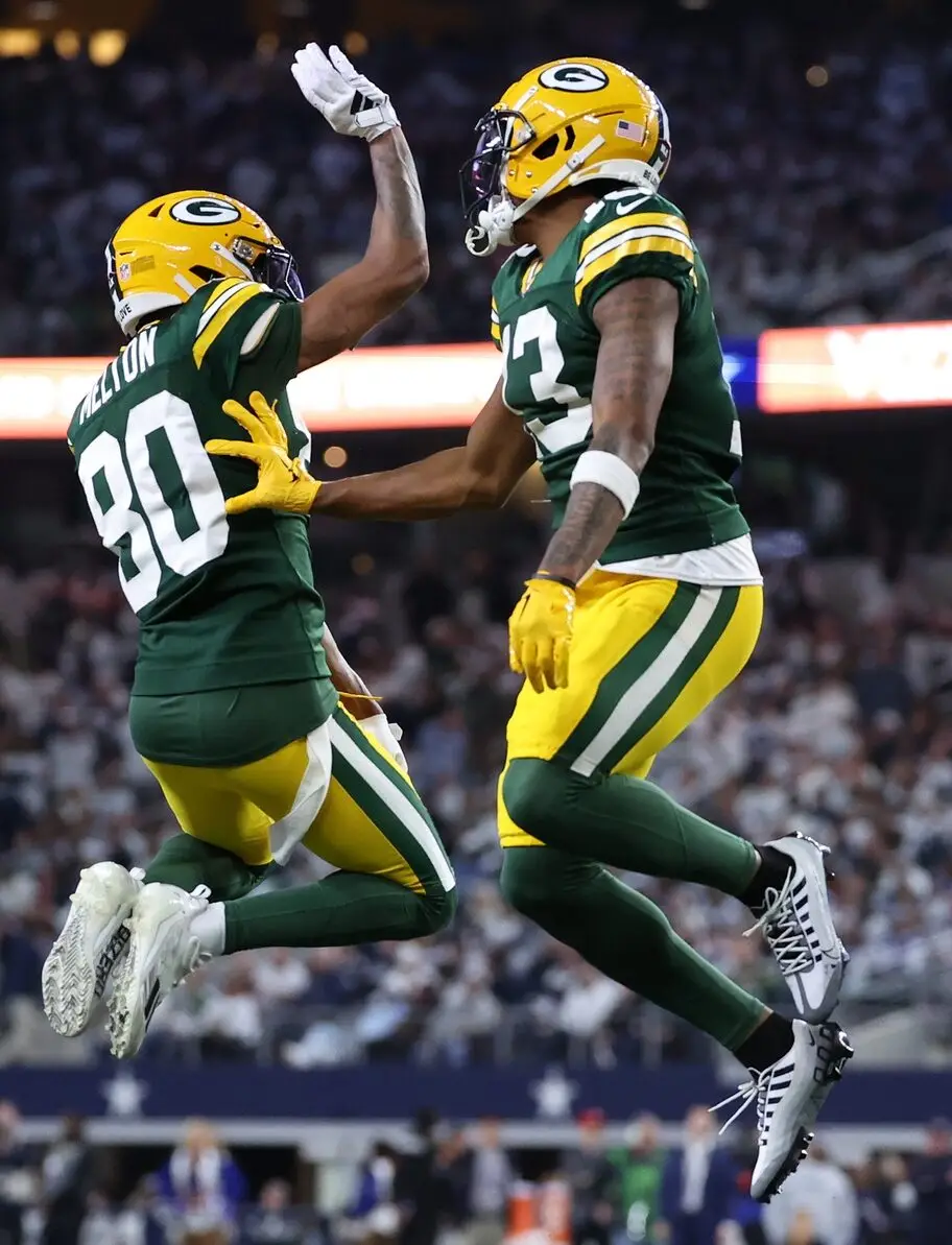 Breaking: Packers Convert Starting WR To CB After Release Of Jaire Alexander 3 Jan 14, 2024; Arlington, Texas, USA;Green Bay Packers wide receiver Dontayvion Wicks (13) reacts with wide receiver Bo Melton (80) after a touchdown catch against the Dallas Cowboys in the first half of the 2024 NFC wild card game at AT&T Stadium. Mandatory Credit: Kevin Jairaj-USA TODAY Sports