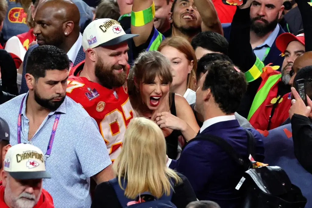 Travis Kelce 87 of the Kansas City Chiefs celebrates with Taylor Swift at the Super Bowl LVIII on February 11, 2024 in Las Vegas, NV. Credit: Ethan Miller/Getty Images